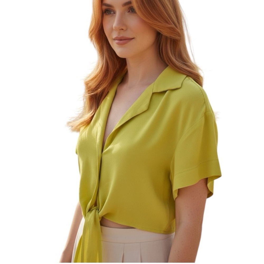 NWT Lulus XS Chartreuse Green Cropped Tie Front Shirt Blouse